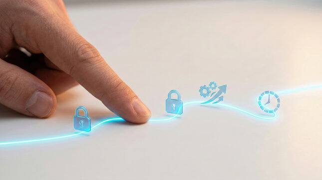 Finger interacts with digital interface featuring icons of locks and gears symbolizing timeboxing and micro scheduling