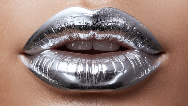 Displaying metallic silver lips revealing upper teeth in studio, with glossy lipstick reflections