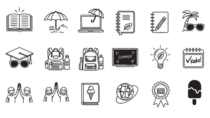Fototapeta premium Summer School Kids Education and Seasonal Learning Activity Icon Set for Academic App UI Design