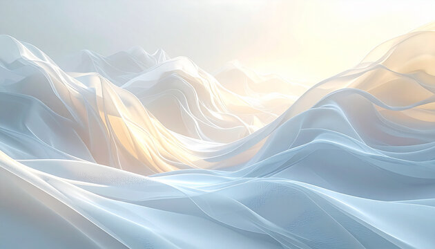 右上から暖光が射す半透明シルクウェーブの白灰色山岳背景