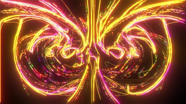 Yellow magenta neon energy tunnel background with mirrored symmetry, strong center pull depth, glowing electric streaks, radiant plasma flares and dynamic luminous geometry forming continuous