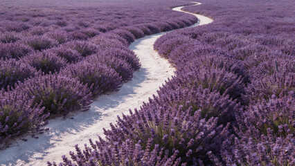 Obraz premium Aerial top-down view of a winding white sandy path cutting through a vast dense field of vibrant purple lavender flowers under natural daylight, showing high texture detail of the blooms with soft...