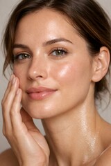 Naklejka premium Woman close up showing healthy glowing skin and natural beauty, feeling refreshed and hydrated after applying a skincare product to her cheek and neck