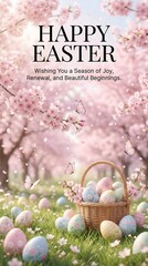 Obraz premium Easter eggs in basket with cherry blossoms and butterflies