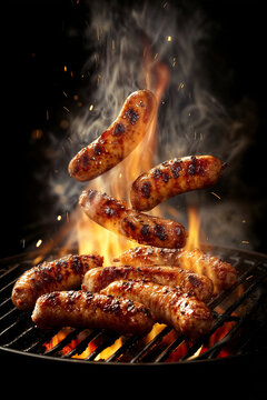 Juicy grilled sausages flying above barbecue grill with flames, sparks and smoke.