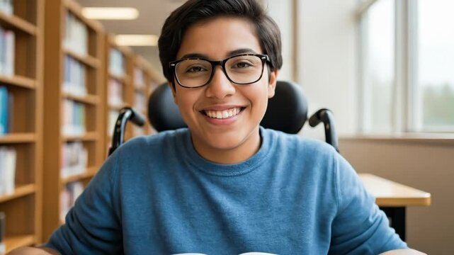 cheerful hispanic student in wheelchair sitting at table with open book. young woman wearing glasses in library. education, disability inclusion. university website, advertisement