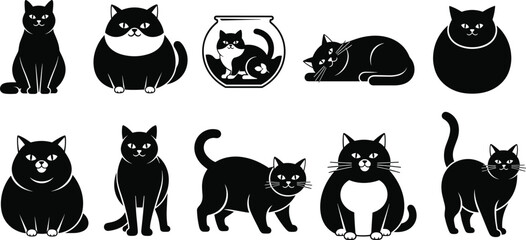 Stylized black and white cat silhouette illustration set with playful poses, humorous fishbowl design, minimalistic feline art © Azijul