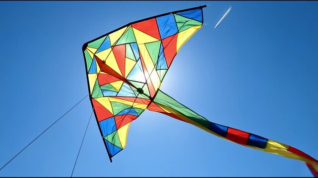 Colorful kite flying high bright blue sky windy weather summer vacation outdoor leisure childhood freedom happiness holiday beach activity wind toy