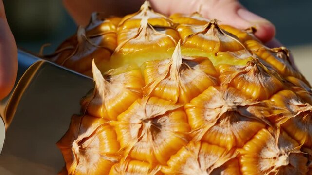 Hand slicing fresh yellow pineapple juicy fruit summer vacation tropical healthy diet sweet dessert exotic food preparation cutting board kitchen knife nutrition agriculture