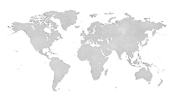 A halftone dot pattern illustration of a world map on a white background