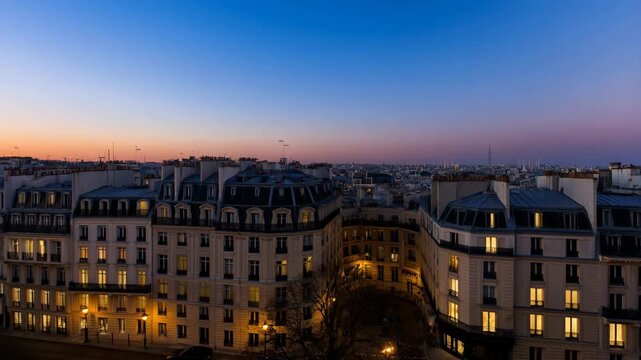 Rooftop timelapse over central Paris with wide view of buildings and blue sky featuring cityscape, urban, architecture with panoramic and European