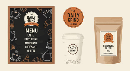 A collection of branding elements for 'The Daily Grind' coffee shop, including a chalkboard menu, coffee cup, and coffee bean packaging. © Menek blimbig