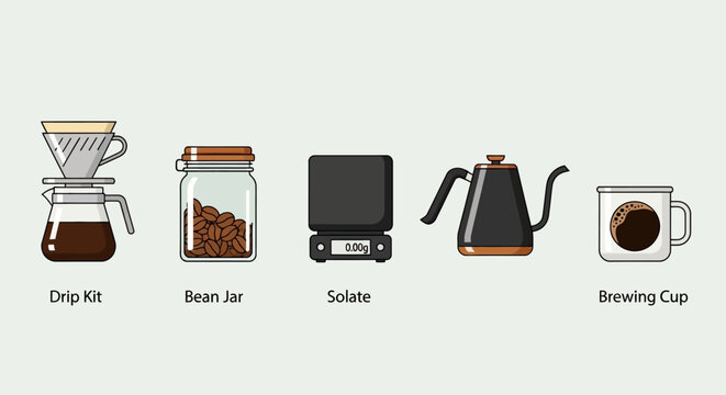 Coffee brewing equipment illustration with drip kit, bean jar, scale, kettle, and cup.