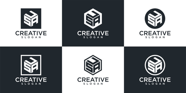 Collection of six modern abstract SA monogram logo designs in geometric shapes presented on a checkerboard background, ideal for creative branding.