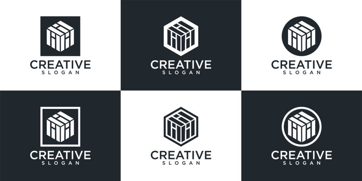 Collection of six modern abstract letter H logo designs in geometric shapes presented on a checkerboard background, ideal for creative branding.