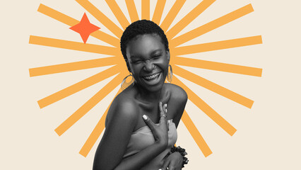 A woman with short hair smiles widely while placing her hand over her heart. She appears happy and...