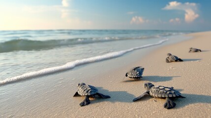 Obraz premium Newborn sea turtles hatch and make their way across sandy beach toward ocean under soft sunlight and gentle waves in a tranquil coastal setting