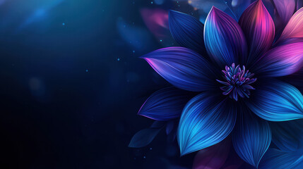 Fototapeta premium An abstract artistic rende showcases a vibrant flower with petals transitioning from deep blues to radiant pinks set against a dark and softly glowing background.