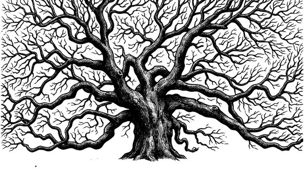 Leafless oak tree vintage engraving style hand drawn branched tree vector illustration