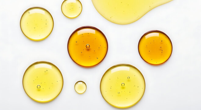 Avocado oil droplets, yellow liquid serum texture, 3d rendering facial oil drops skin care beauty product 
