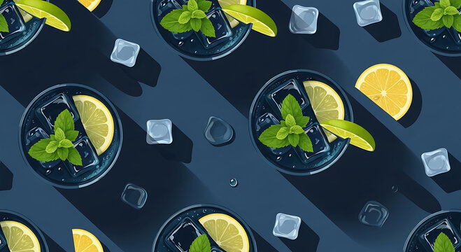 Ilustraci&oacute;n isometrica c&oacute;cteles de ginebra con lima con fondo azul 