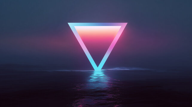 An inverted triangle over the surface of the sea - concept poster. Vaporwave sunset landscape.