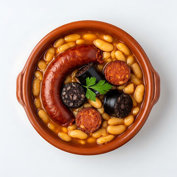 Traditional Spanish Dish of White Beans with Chorizo and Blood Sausage