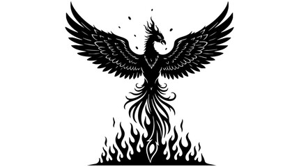 Obraz premium A black and white image of a phoenix rising from the flames isolated on transparent background, Vector