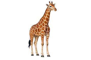 Fototapeta premium Full body shot of a majestic adult giraffe with distinctive brown and orange patterned fur, standing gracefully and looking to the right, showcasing its long neck and legs. isolated PNG with