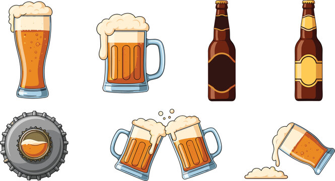 Set of beer icons featuring glass mugs with foam bottles and a bottle cap in colorful cartoon style for brewery and pub design.
