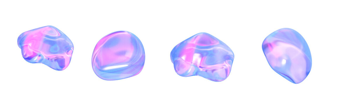 Holographic liquid glass blob shapes set. Abstract chromatic gel bubbles and crystal stones in futuristic glossy