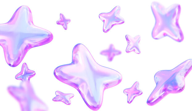 Holographic chrome star shapes abstract background with glossy gradient colors. Futuristic chromatic floating stars 