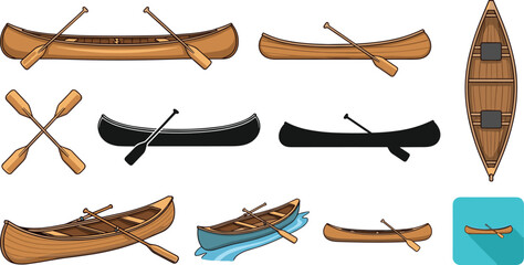 Wooden Canoe Boats and Paddles Collection Vector Illustration Set © ABDUL HAKIM