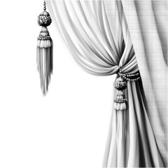 Black and white halftone illustration of an elegant curtain with decorative tassel tieback. Classic interior drapery isolated on white background in vintage engraving style.