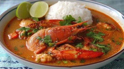 Delicious bowl of spicy seafood soup with shrimp, rice, lime, and fresh herbs on a textured tablecloth