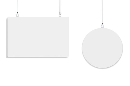 Empty hanging paper frames, horizontal rectangle and round white signs with realistic shadows, vector isolated on clean background, perfect for design mockups, advertising or informational display.