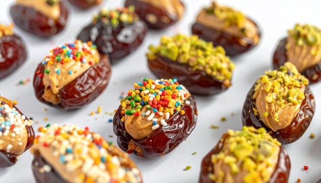 Festive stuffed dates arranged elegantly, filled with creamy nut butter, topped with sprinkles and pistachios, radiating joy, culture, and celebration&mdash;perfect for holidays, gatherings, and healthy ind