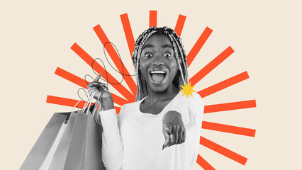 A woman with braids holds shopping bags while smiling widely. Bright colors and rays in the...