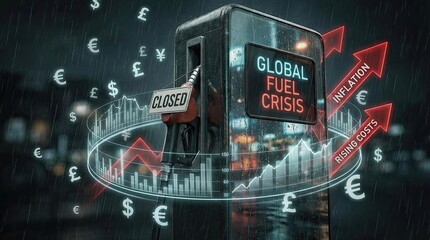 Digital hologram of global fuel crisis with financial charts and arrows in dark futuristic setting concept of economic instability energy shortage and inflationary pressures with currency symbols