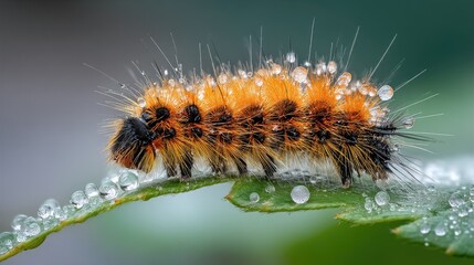 Fototapeta premium Close-up of a vibrant orange and black caterpillar covered in dew drops resting on a green leaf, showcasing detailed texture and natural beauty.