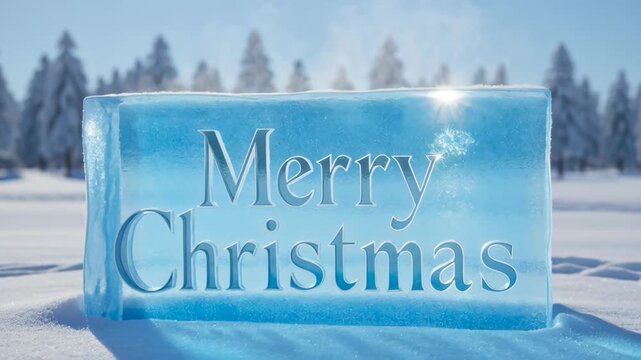 Merry Christmas text carved into a block of blue ice sitting in a snowy winter landscape with pine trees
