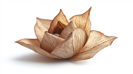Fototapeta premium A dried delicate flower with textured petals is presented against a stark white backdrop creating a visually appealing and minimalist artistic statement piece.
