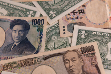 Detailed Currency Collage with Japanese Yen and US Dollar Banknotes