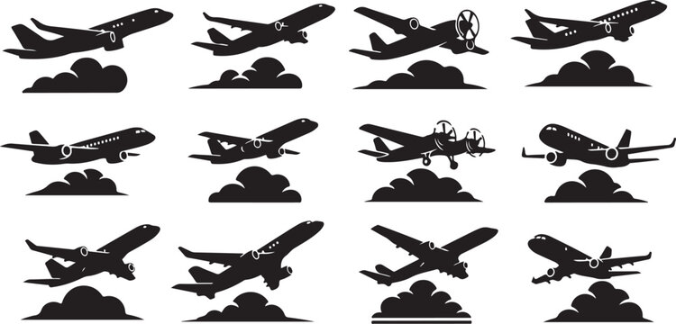 Airplane Silhouettes Flying Through Clouds in the Sky