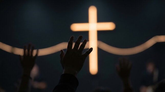 Hands raised by woman and man to glowing cross in church. Christian concert and worship service. Religious prayer and praise during Easter. Faith, spirituality and hope. Lighting.