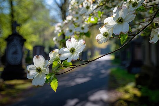 White dogwood blossoms frame a sunlit cemetery path with tombstones