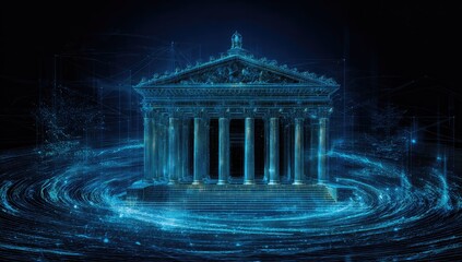 Fototapeta premium Ancient temple rendered in glowing blue digital light, a modern concept