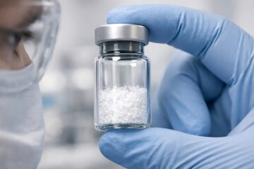 Researcher holding a small medical vial containing white granular powder in a laboratory setting, performing quality control and scientific analysis on a pharmaceutical product