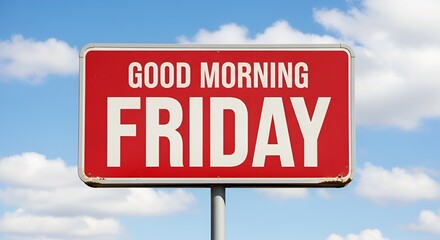 A vintage street sign with bold white good morning friday words under blue sky