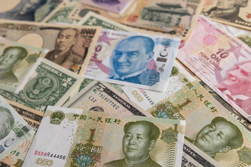 Fototapeta premium Macro Collage of International Banknotes Including Turkish Lira and Japanese Yen